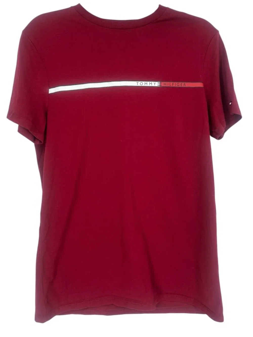 Tommy Hilfiger Men's T Shirt Small Burgundy Stripe Logo Cotton Casual Crewneck
